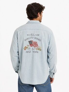 Polo Ralph Lauren Mens Shirt 2XLT Blue Button Patriotic Embroidered Flag RL-67